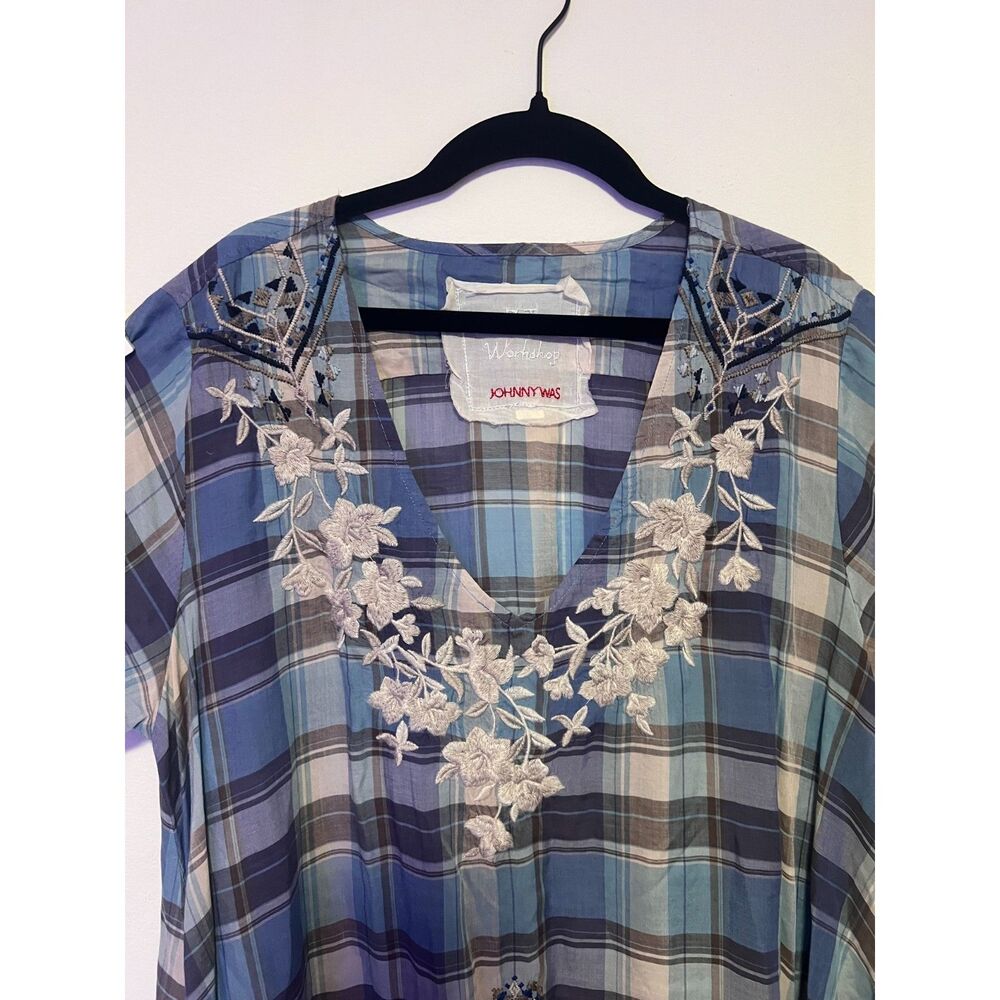 Johnny Was Blue Plaid Embroidered Tunic Top Floral Cap Sleeve Sheer Boho